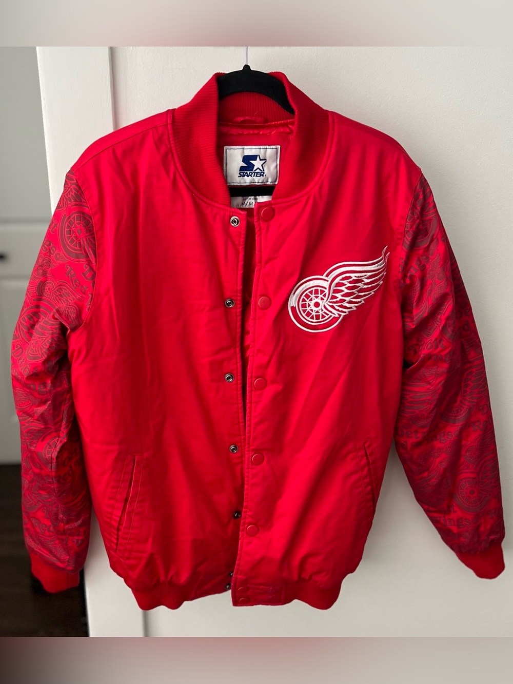 STARTER Red Detroit Wings Satin Bomber with Winged Wheel Patch